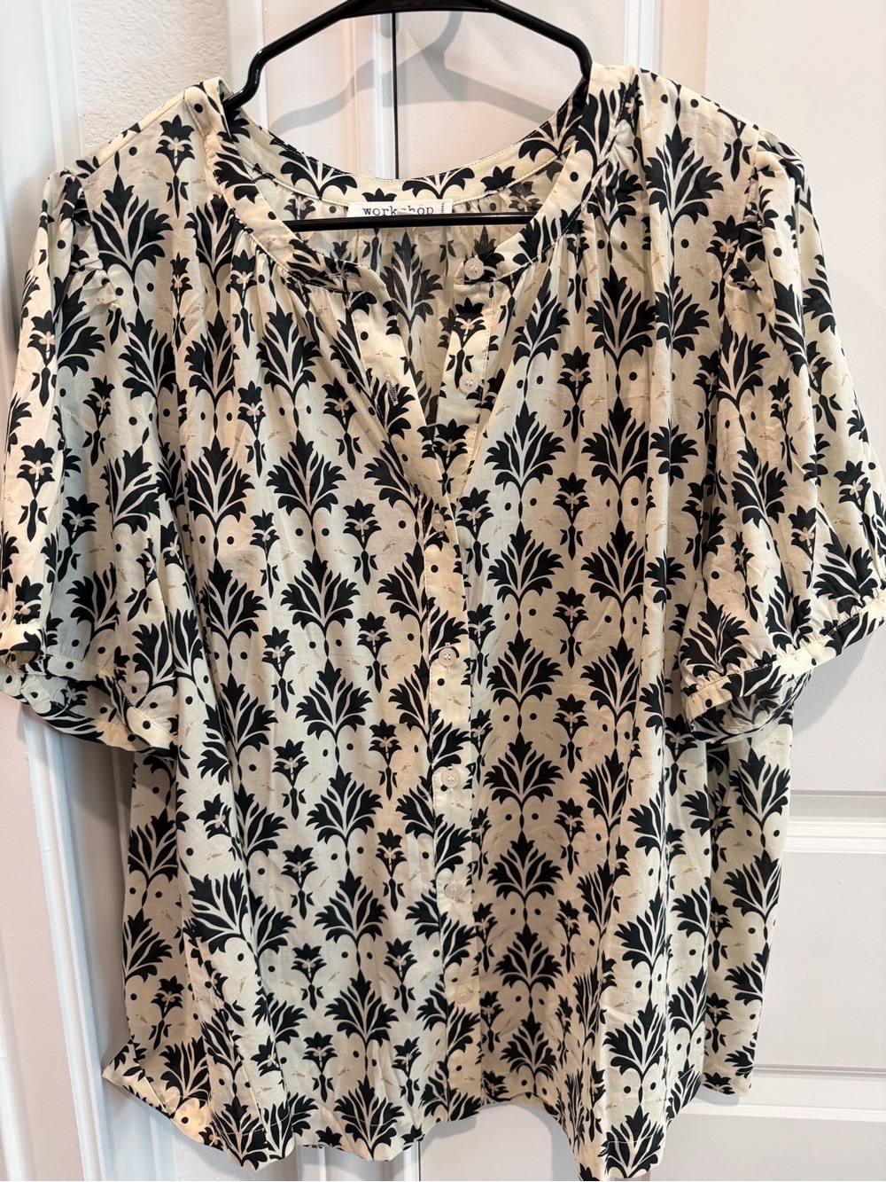 Workshop Republic Clothing Cream Blouse with Black Floral Print Button-Front